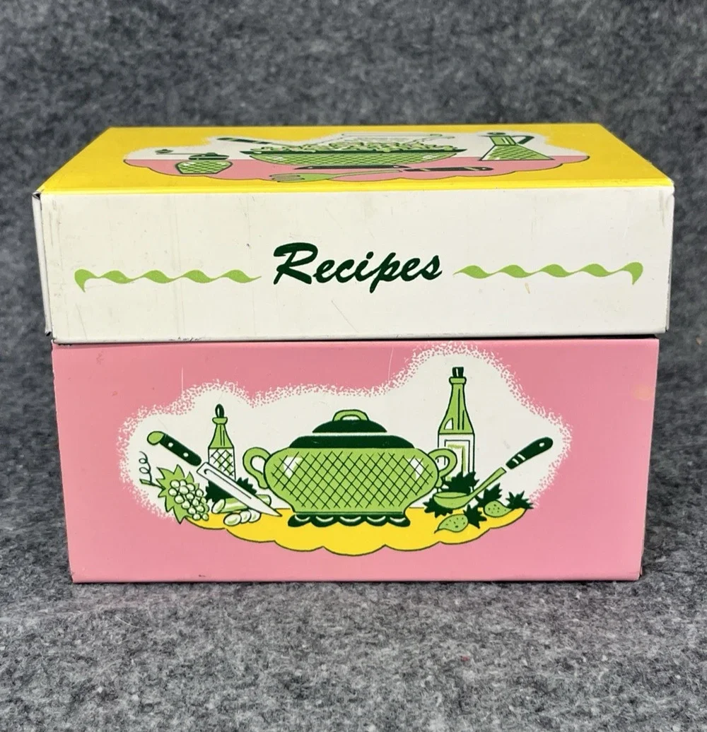 Vintage 1950s Ohio Art Metal Recipe Box Tin Litho Pink Yellow Retro Mid Century